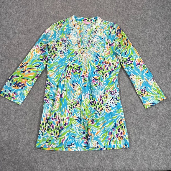 Lilly Pulitzer Tops - Lilly Pulitzer Sarasota Sea Soiree Beaded 3/4 Sleeve Tunic Top Women's Size XS